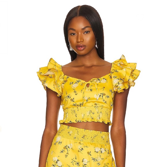 NEW ALICE + OLIVIA REVOLVE YELLOW FLORAL PRINT CROP TOP - Picture 1 of 10